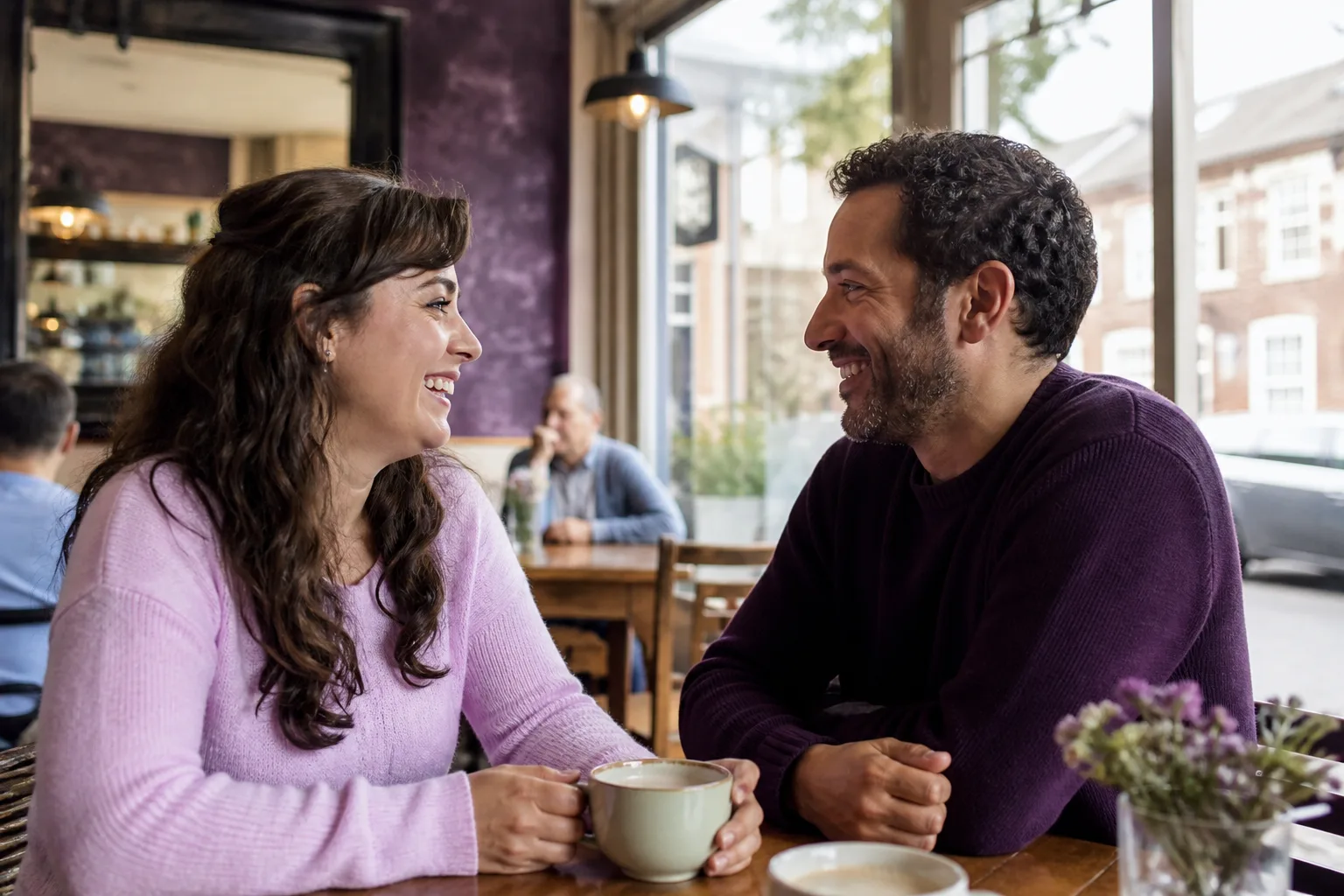 Two people talking over coffee in Northampton town centre