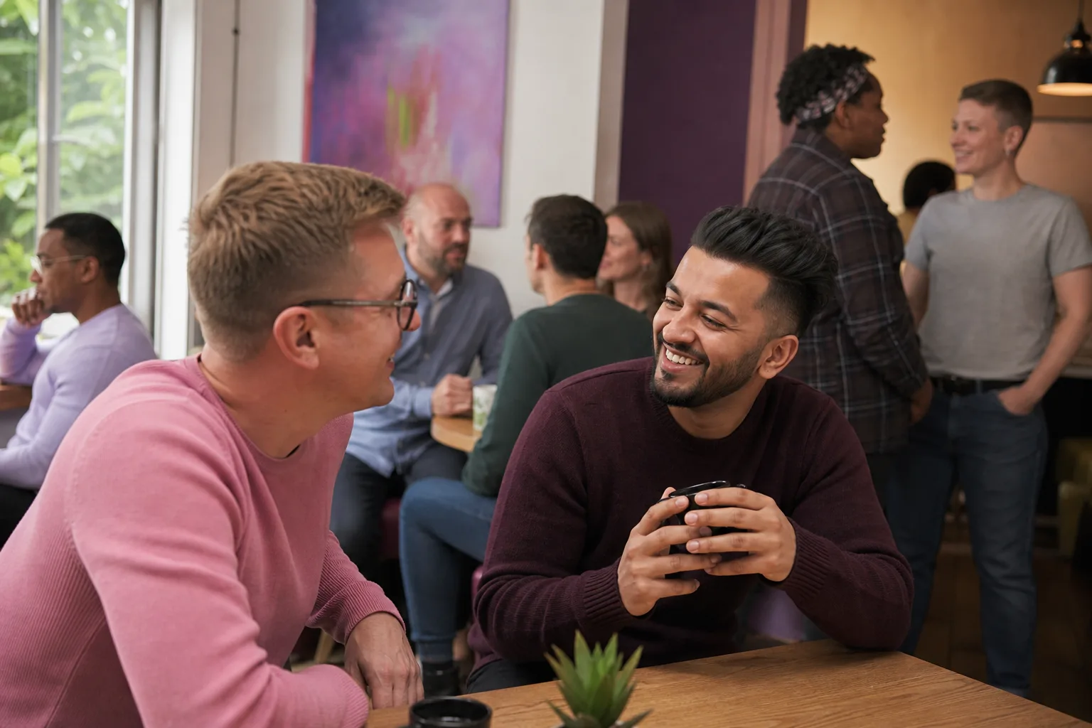 Two men talking over coffee in Northampton town centre