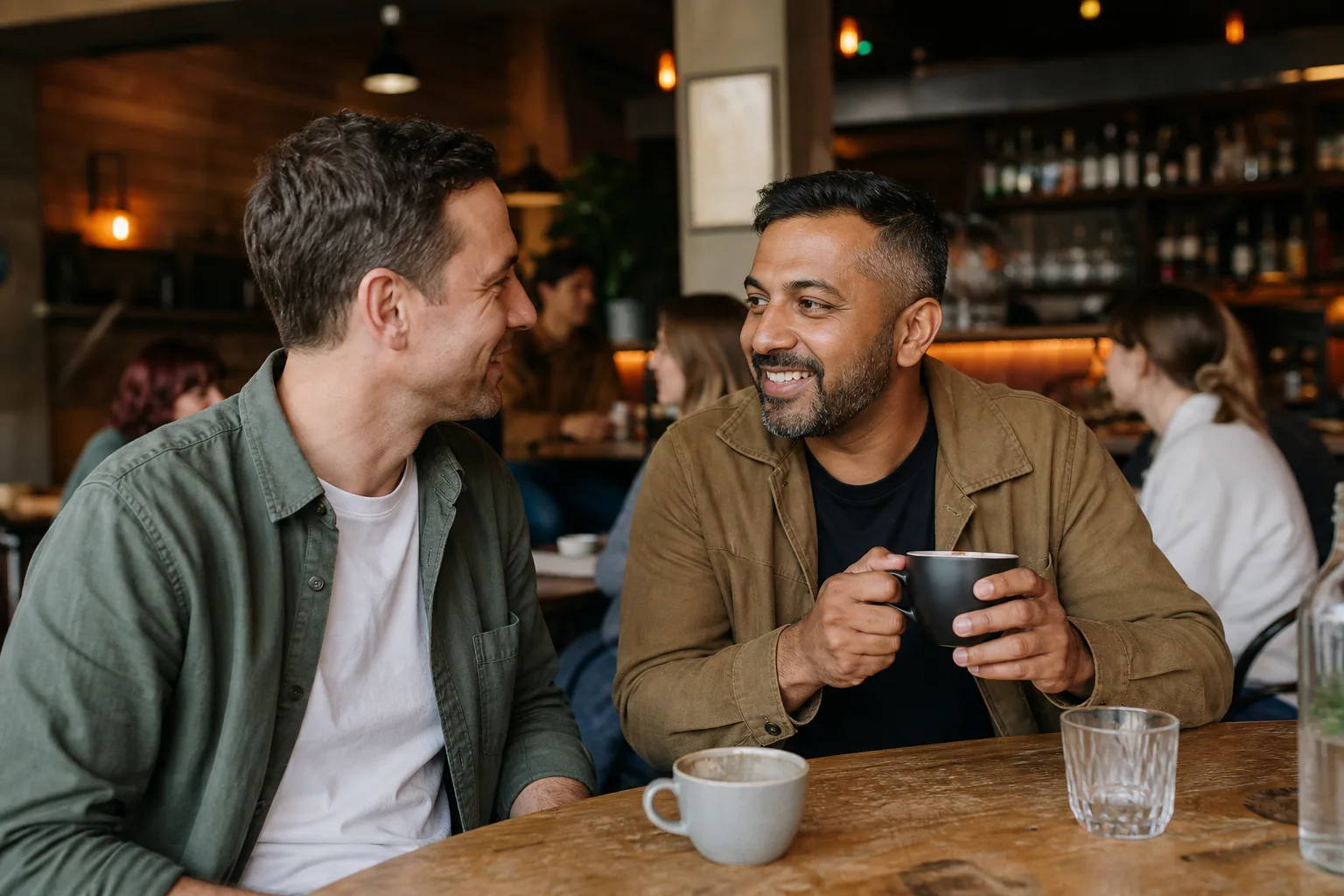 Two men talking over coffee in Kettering town centre
