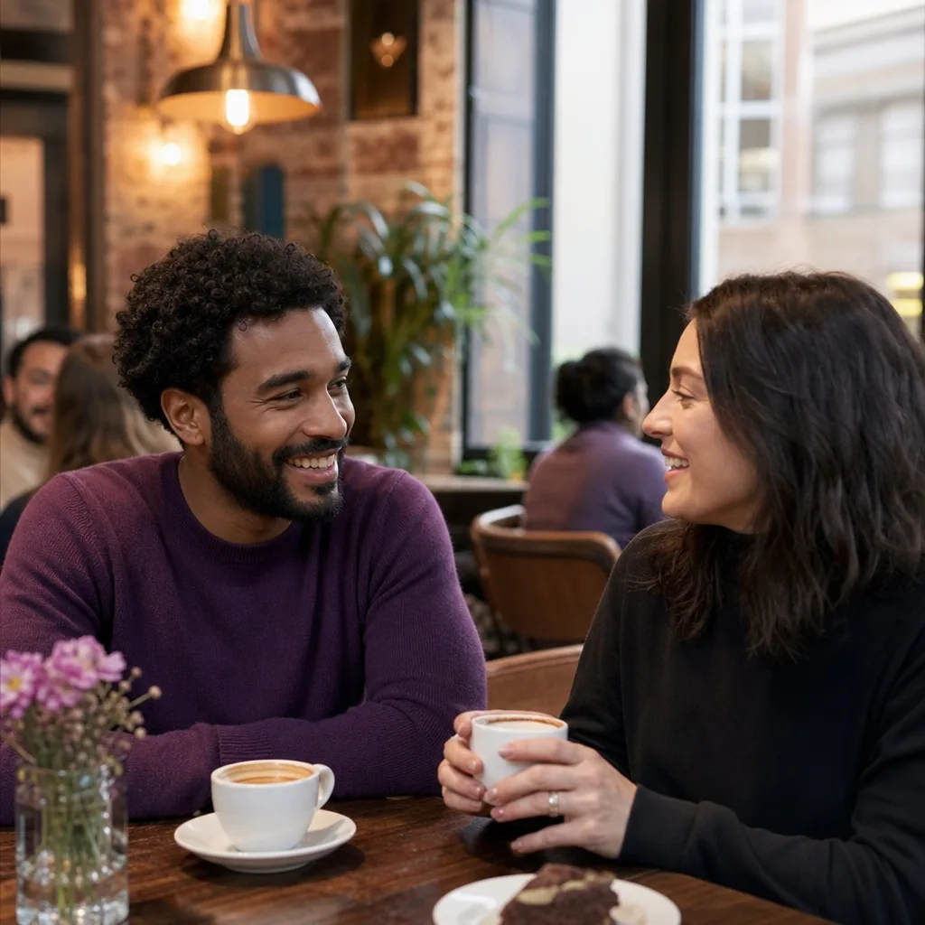 A couple meeting outside a busy Northampton café during the daytime