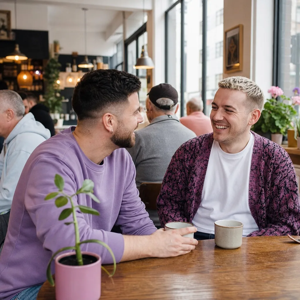 Gay couple meeting at a café table in central Northampton