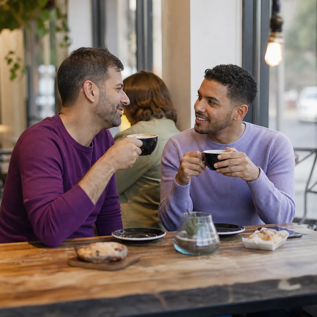 Man checking a local dating profile on his phone at a Kettering cafe